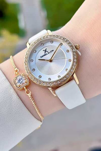 Daniel Klein Kasası Gold Kordonu Beyaz Renk Deri Kordon Kadın Kol Saati Ve Bileklik