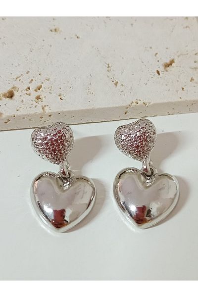 mos&more Silver Row Heart Dangle Women's Earrings