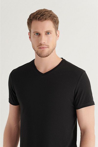 Avva Men's Black 100% Cotton V-Neck T-Shirt E 001001