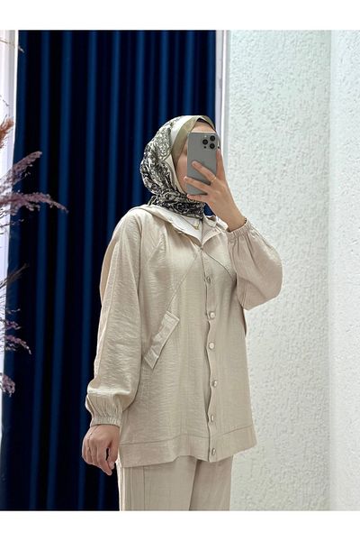 MİHRA STORE Alkım Strawberry Hooded Pocket Cover Suit-Na3387 Stone
