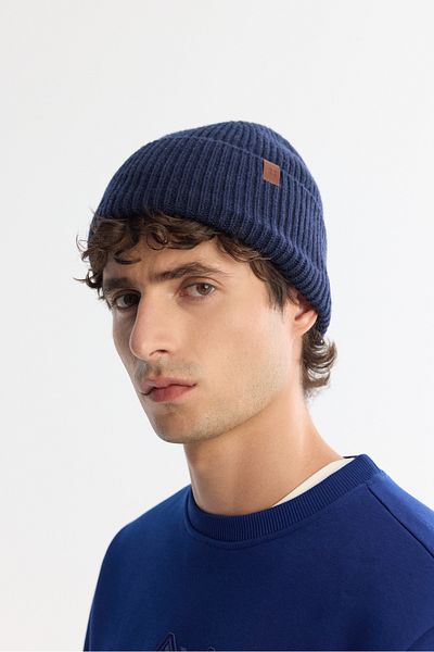 Avva Men's Navy Blue Wool Logo Ribbed Beret B 009200