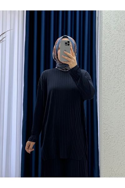MİHRA STORE Funda Pleated Sendy Pants Suit-Mf1708 Navy Blue