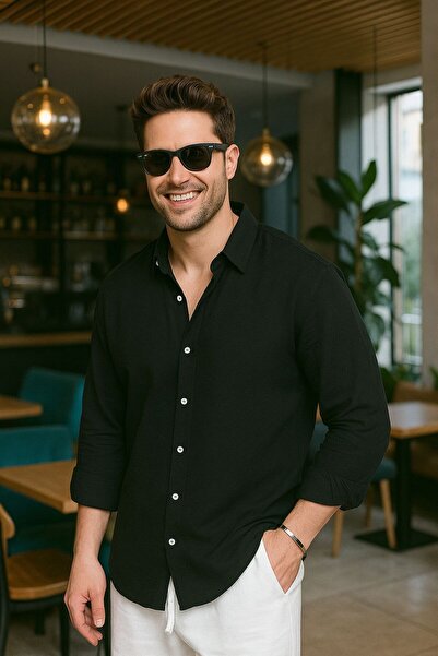 UTTBASİC Erkek Siyah Oversize Dokulu Aerobin Keten Gömlek Erkek Giyim Kazak Mont Ceket Hırka Sweatshirt