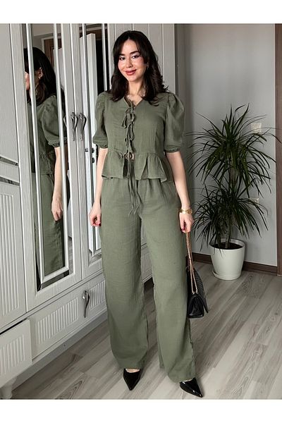 AB LOOKS Women's Front Tie Blouse and Pants Set of Two 100% Cotton Muslin Bottom Top Set