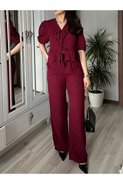 AB LOOKS طقم بلوزة وبنطلون برباط أمامي للسيدات مكون من قطعتين 100% قطن موسلين