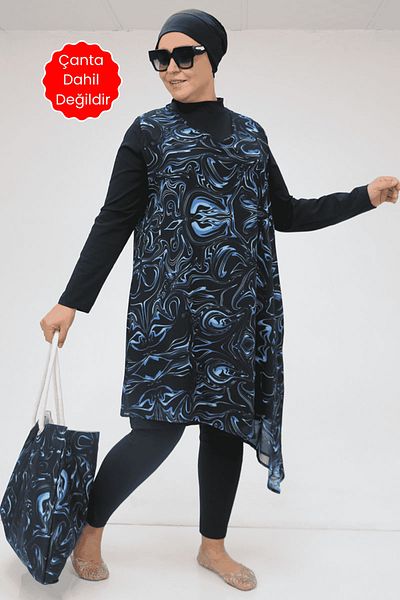 Eslina 1723 Plus Size Long Sleeve Chiffon Pareo Hijab Swimsuit Suit-Aqua Blue