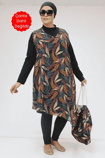 Eslina 1723 Plus Size Long Sleeve Chiffon Pareo Hijab Swimsuit Set - Leaf Pattern Mustard