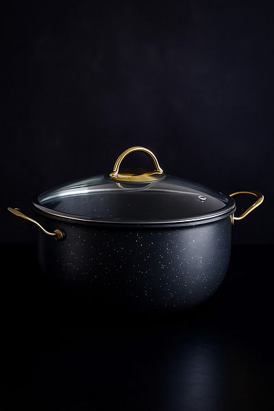 YUNUSOĞLU HOME 30 cm Deep Granite Pot – 7.5 Liters, Gold Metal Handle, Aluminum Base, Glass Lid
