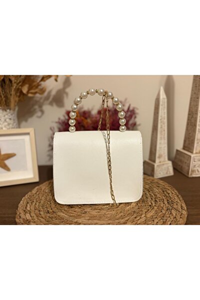 ASNUR BUTİK Geantă de mână și de umăr cu lanț alb și perle pentru femei