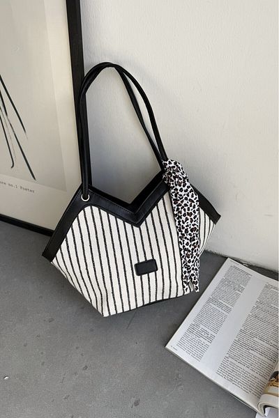 LEONAS Scarf Detailed Canvas Women's Shoulder Bag Black Striped