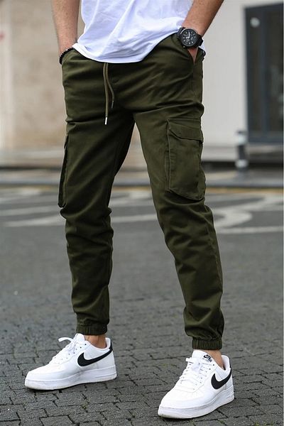 VIKUNYA Ανδρικό καλοκαιρινό χακί Jogger βαμβακερό παντελόνι Cargo με ρυθμιζόμενο μέση και ελαστικό πόδι Comfort