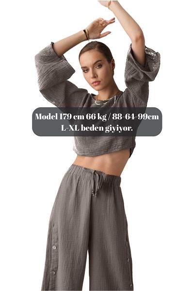 clavia Muslin Trousers, Comfortable Fit Loose Cut Wide Leg High Waist Trousers Dark Gray