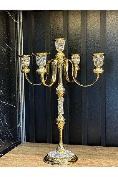 ZEKİ HEDİYELİK Beş Kollu Taşlı Gold Şamdan Mumluk