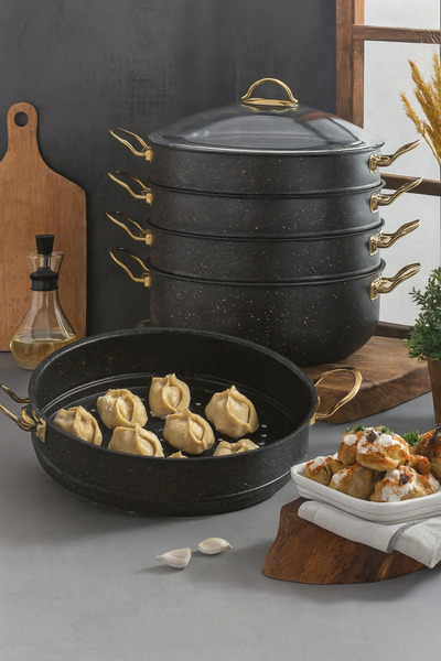 YUNUSOĞLU HOME 30 cm 5 Layer Granite Ravioli Pot – 7.5 Liters, Glass Lid, Central Asian Local Special Design