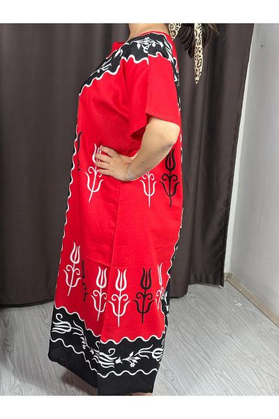 Sobe Hediyelik Red Black Patterned Long Summer Dress – Comfortable Fit, Breathable Fabric, Casual Chic