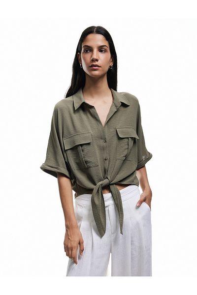 Koton Short Sleeve Classic Collar Tie Detail Pocket Crop Oversize Blouse