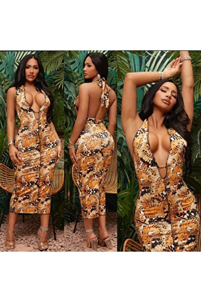 hipnoz butik Women's Breast and Back Decollete Midi Length Dress