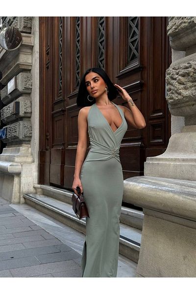 S&A Collectionn Rochie lungă de damă, cu decolteu în V adânc, cu cataramă
