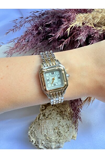 Coliseum Retro Vintage Kare Roma Rakamlı Gold Gümüş Kadın Kol Saati