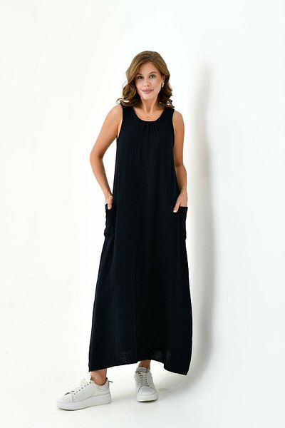 Butik 100% Cotton Muslin Fabric Zero Sleeve Long Dress -Mg002