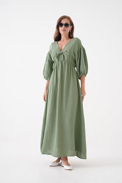 Butik Rochie cu mânecă scurtă, 100% bumbac, cu decolteu în V, din muselină, cu detaliu de frânghie elastică MG-2025