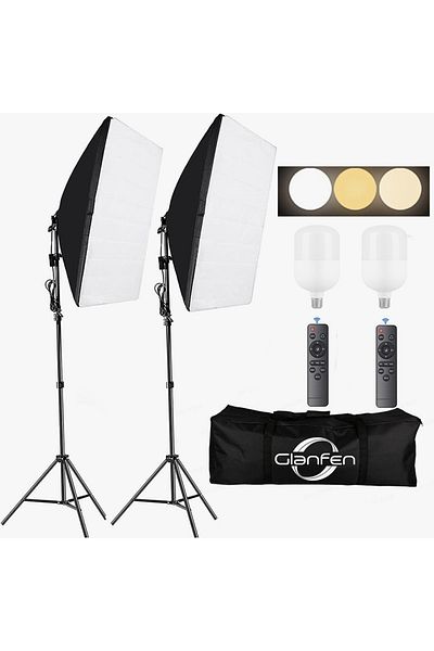 glanfen Photography Soft Box Lighting Kit with 2 Pcs 200W 3 Colors Bulbs Soft Boxes and Carry Bag