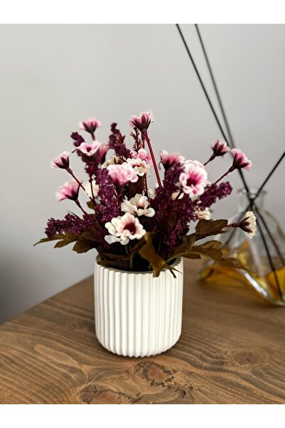 Diba HomeArt Beton Saksıda Pembe-Beyaz Yapay Çiçek Aranjmanı Dekoratif Masa Ü...