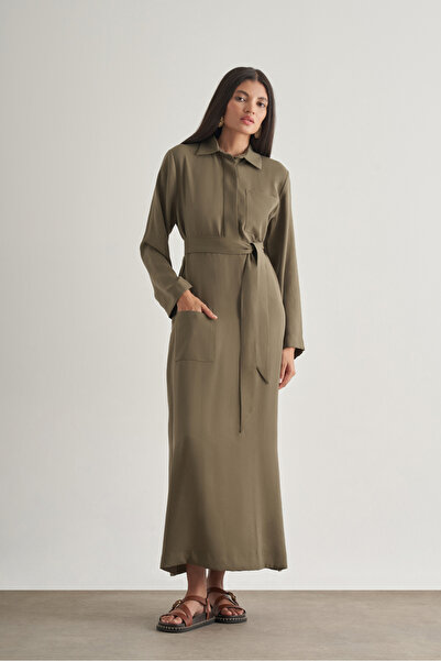 Mizalle Modal Karışımlı Kuşaklı Haki Uzun Gömlek Elbise