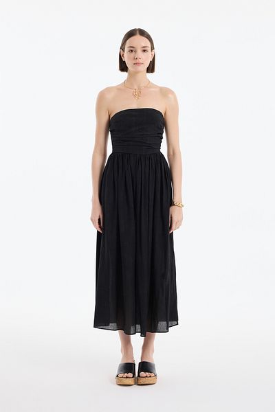 Quzu Drape Detailed Pleated Strapless Midi Dress