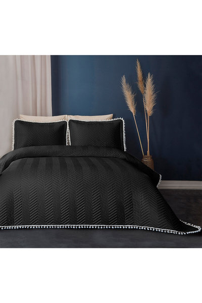 Evlen Home Collection %100 Pamuk Tek Kişilik Kapitone Ponponlu Yatak Örtüsü Seti Elyaf Dolgulu Pike Takımı Günlük Siyah