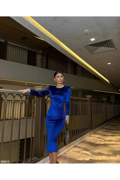 VALENCIOR    Women's Crew Neck Padded Cuff Detail Velvet Fabric Midi Length Dress