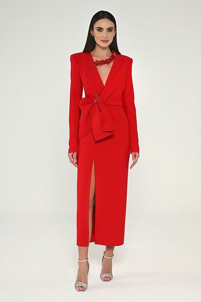 ALFABETA Slit Midi Evening Dress with Window Detail