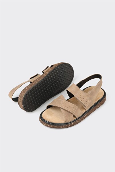 Elle Shoes Bej Deri Erkek Sandalet