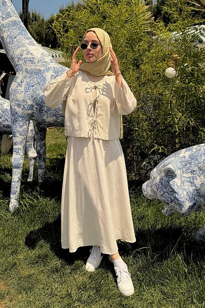 Yefrastore Linen Suit with Lace-Up Front and Elastic Waist Skirt Ecru