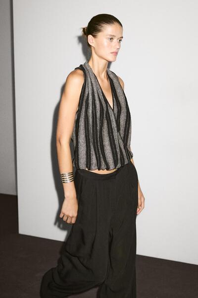 Massimo Dutti Keten karışımlı triko kruvaze halter yaka top