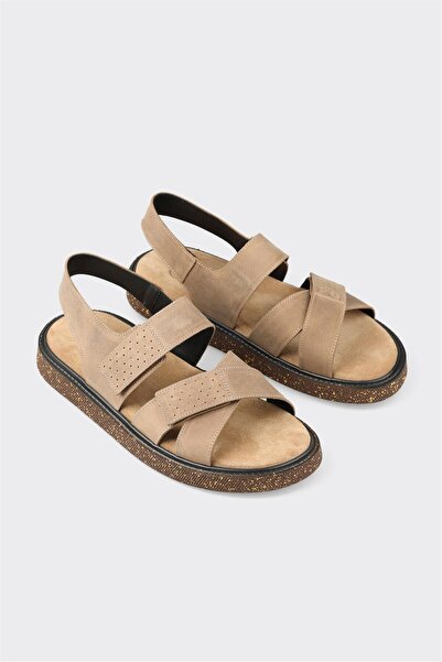 Elle Shoes Bej Deri Erkek Sandalet