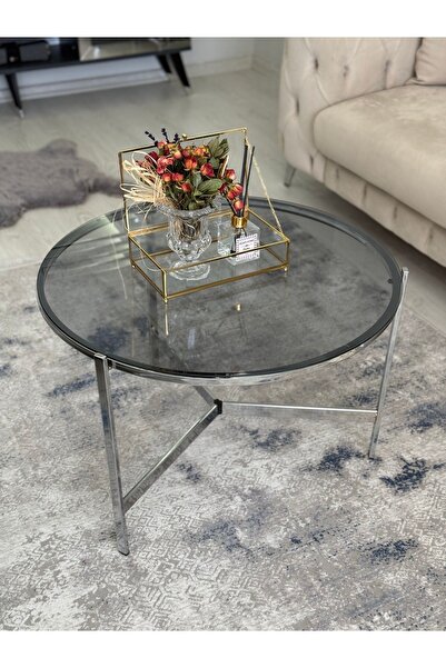 AssuCass Asya Metal Camlı Orta Sehpa Gümüş - Füme