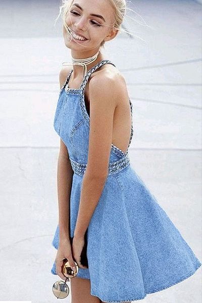 FASHION COCKTAIL Δίδυμος Ζώνης Σχοινί Ξεκούμπωτη Φούστα με Σταυρωτή Τιράντα Χαλαρή Ελαστική Σαλοπέτα από Τζιν με Ανοιχτή Πλάτη και Φερμουάρ