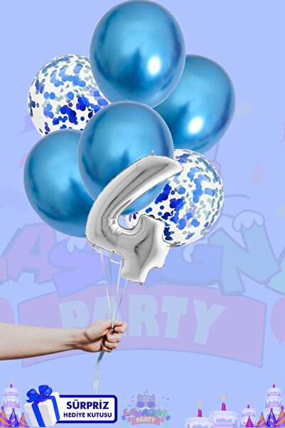 LASAGNA STORE 4 Harf Rakam 40inç Gümüş Folyo Balon Ve Mavi Konfetili Balon Seti