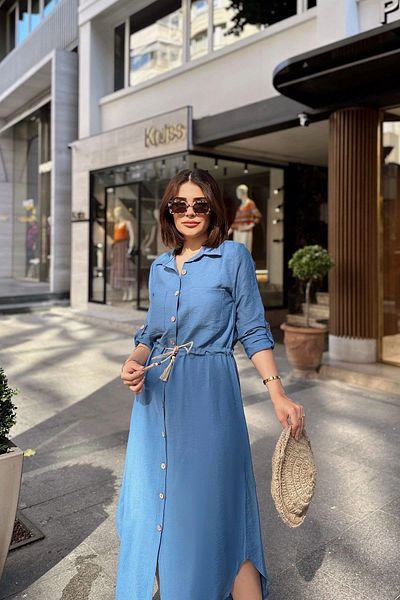 NEW LAVİVA Rochie cămașă lungă din in, cu detaliu de centură Indigo Hasri pentru femei - 700-2837