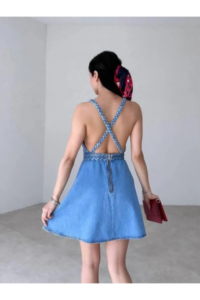 FASHION COCKTAIL Çift Bel Halat Örgülü Örme İp Çapraz Askılı Eteği Salaş Baharlı Sırt Açık Fermuarlı Kot Denim Elbise