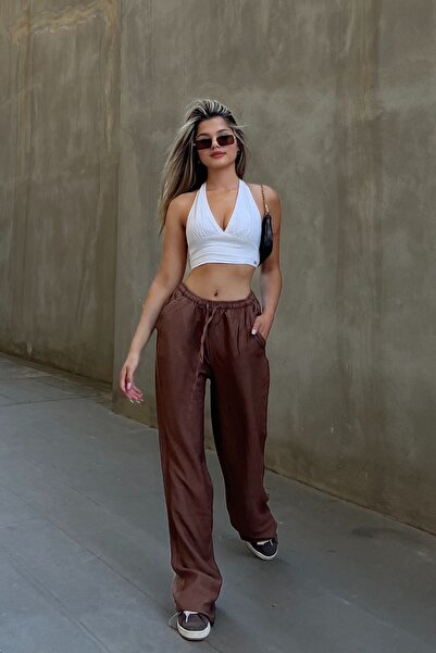 la & vetta Brown Linen Blend Loose Cut Trousers