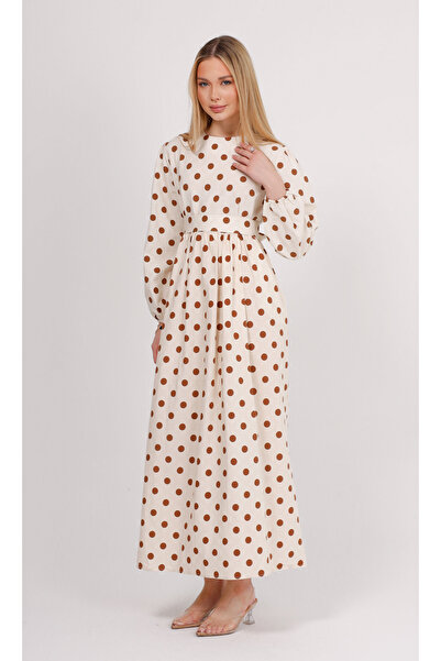 GAVLİA Φόρεμα με κρεμ χρώμα καφέ πουά με ζώνη