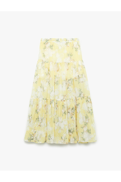 Koton Astarlı Yırtmaç Detaylı Katlı Midi Çan Kesim Kloş Çiçekli Etek