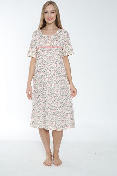 MİSS LOLİTA Women's Plus Size Floral Pattern 100% Cotton Short Sleeve Nightdress 523