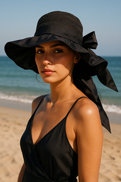 Luminos Butik Siyah Kumaş Ve Örgü Detaylı El Örgüsü Geniş Hasır Şapka HSR2111