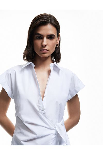 Koton Cotton Short Cap Sleeve Asymmetrical Cut Front Tie Detail Shirt