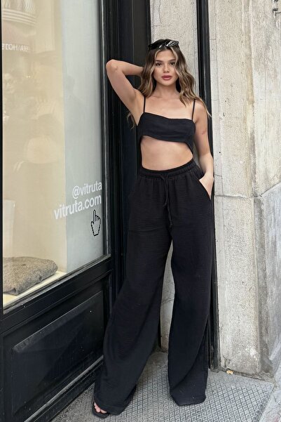 la & vetta Black Muslin Palazzo Trousers