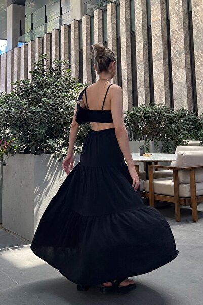 la & vetta Black Pleated Layered Maxi Skirt