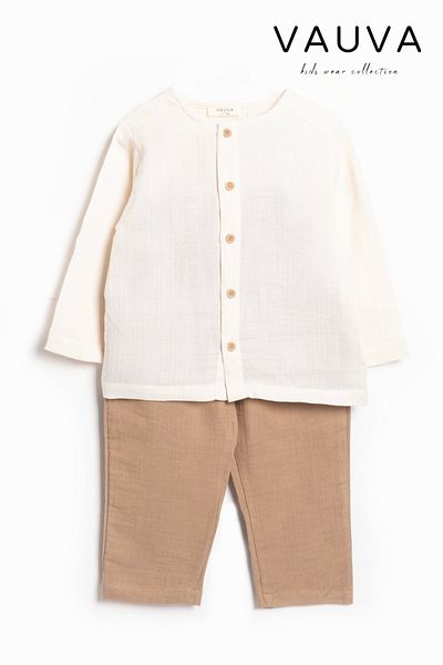 Vauva Muslin Shirt Suit Long Sleeve 2 Piece Suit Buttoned 100% Cotton Boy Suit